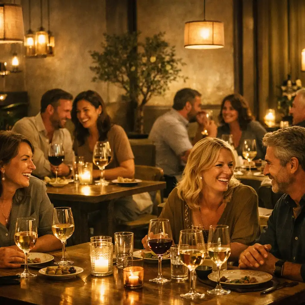 Ambiance chaleureuse d'un restaurant avec éclairage doux